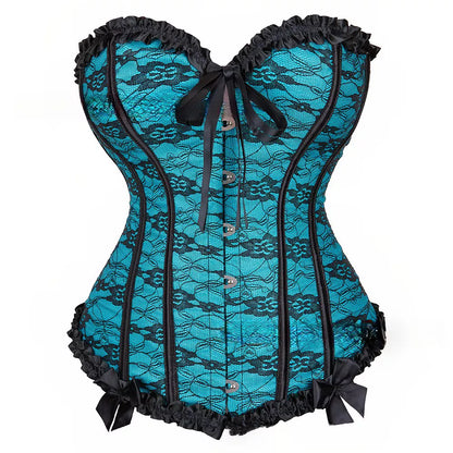 Gothic Lace-Up Overbust Corset with Satin Ribbon and Steel Boning