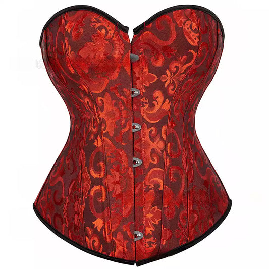 Classic Victorian Lace Jacquard Overbust Corset with Satin Ribbon Lacing