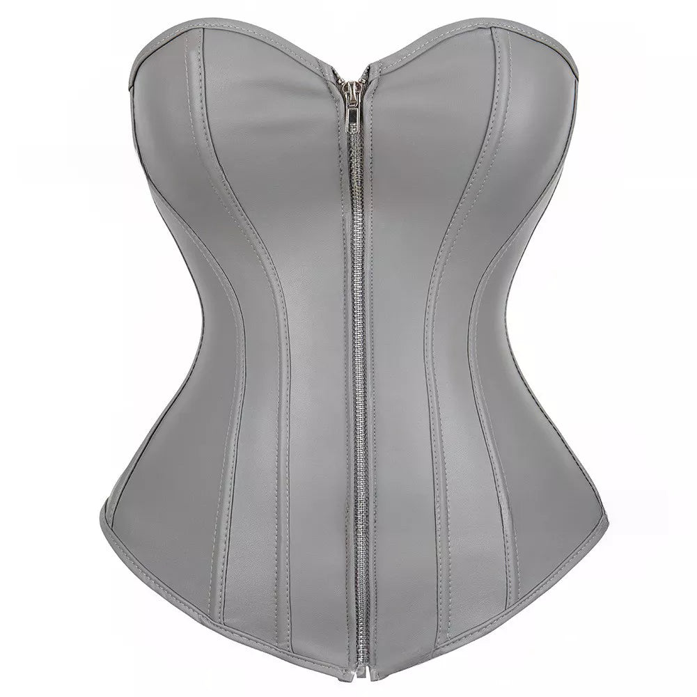 Steampunk Corset Leather Overbust Corset Top with Lace-Up Back and Zipper Front