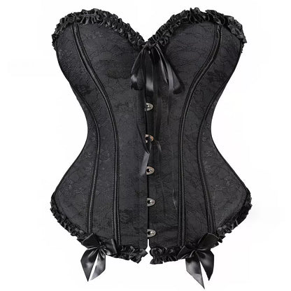 Gothic Lace-Up Overbust Corset with Satin Ribbon and Steel Boning