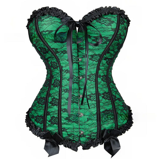 Vintage-Inspired Lace-Up Overbust Corset with Ribbon Detailing and Steel Boning